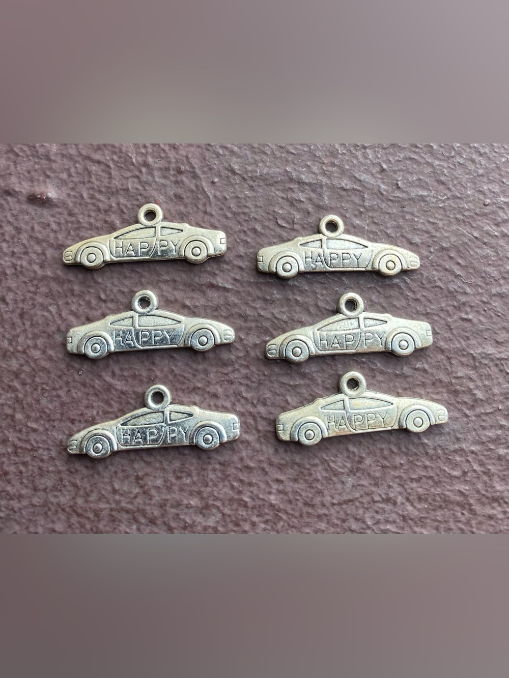 6 Piece Stainless Steel silver-tone car charms engraved ‘HAPPY’ for DIY Jewelry